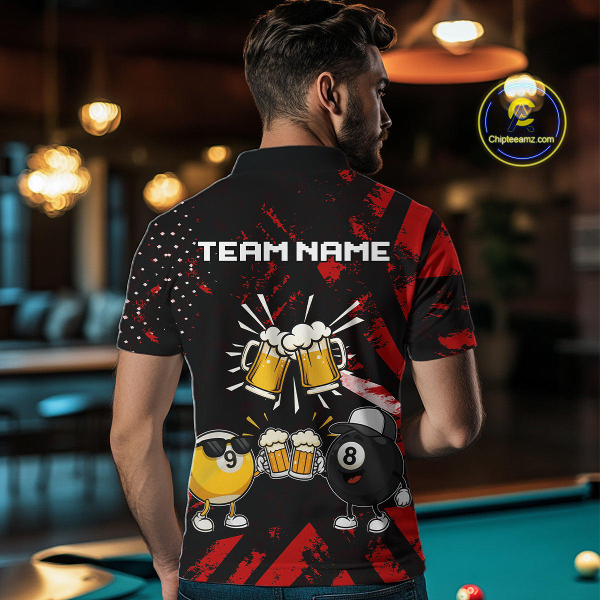Man wearing black red funny beer 8 ball and 9 ball pool billiard team jersey polo shirt featuring the beer-themed artwork, back view.