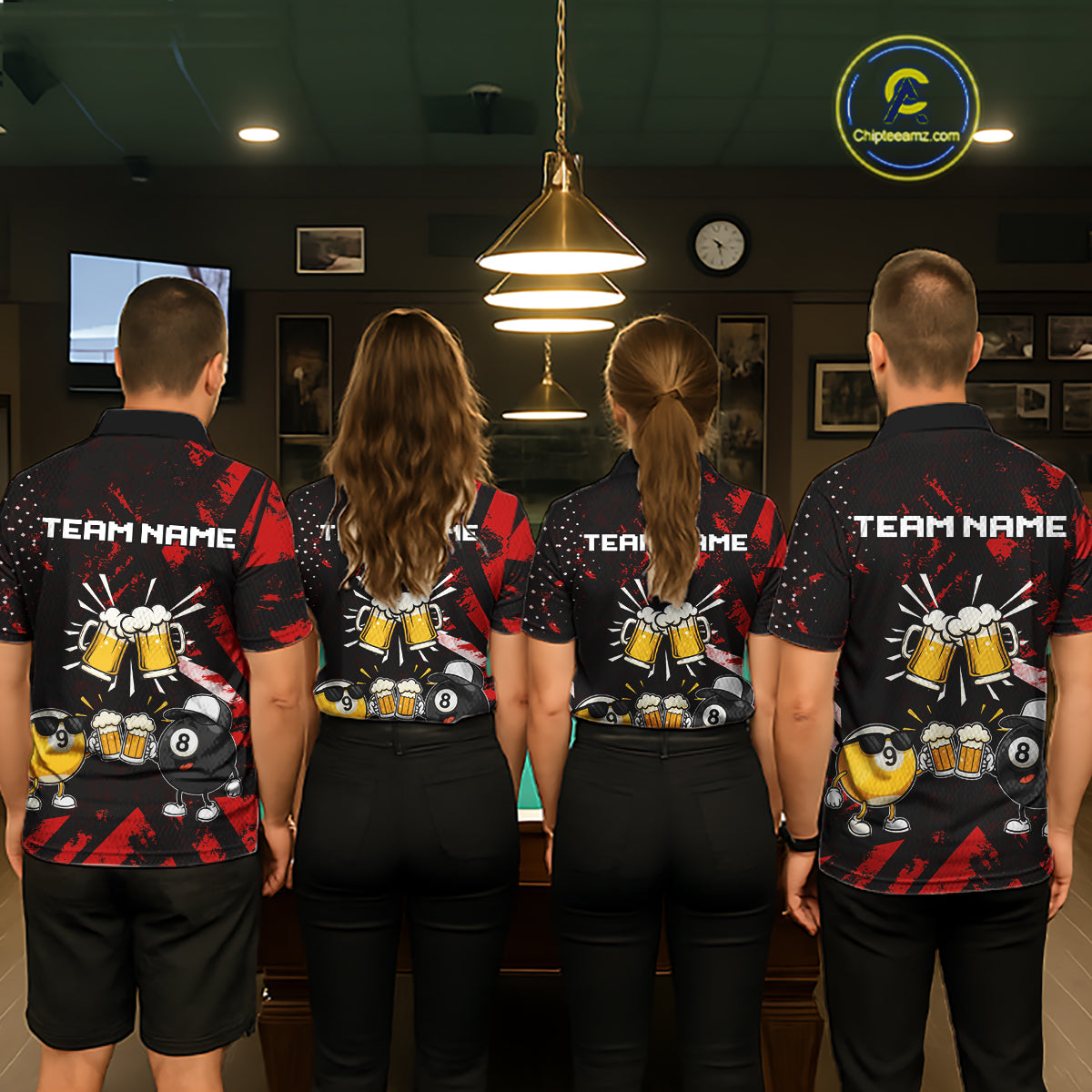 Billiard team wearing matching black red funny beer 8 ball and 9 ball pool team jerseys featuring the humorous beer design, back view.