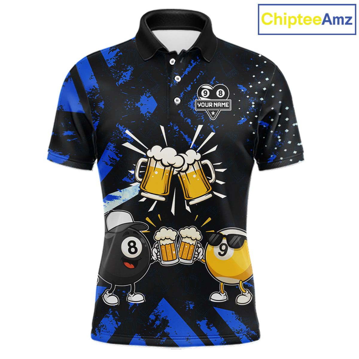 Black blue funny beer 8 ball and 9 ball pool billiard team jersey polo shirt for men featuring a humorous beer-themed design, custom pool league apparel with premium performance fabric for tournaments and league competition.