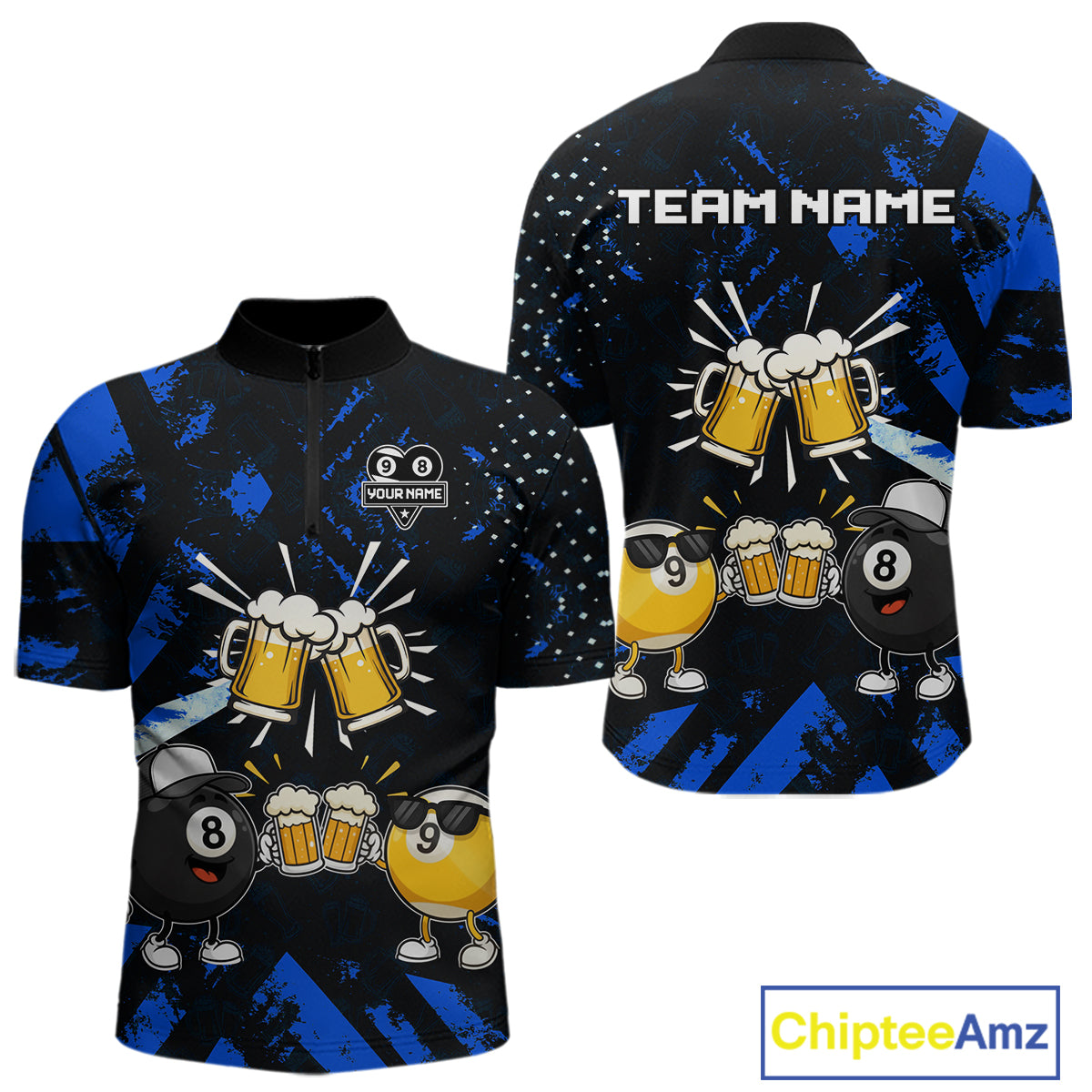 Black blue funny beer 8 ball and 9 ball pool billiard team jersey quarter zip shirt for men featuring a funny beer design, custom billiard league apparel for competitive pool players.