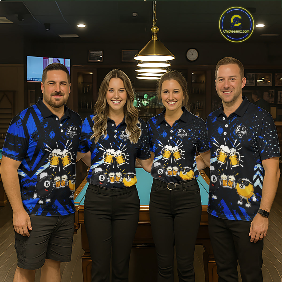 Billiard team wearing matching black blue funny beer 8 ball and 9 ball pool team jerseys featuring the humorous beer design, front view.