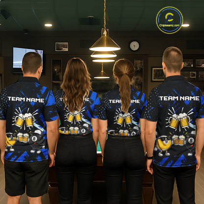 Billiard team wearing matching black blue funny beer 8 ball and 9 ball pool team jerseys featuring the humorous beer design, back view.
