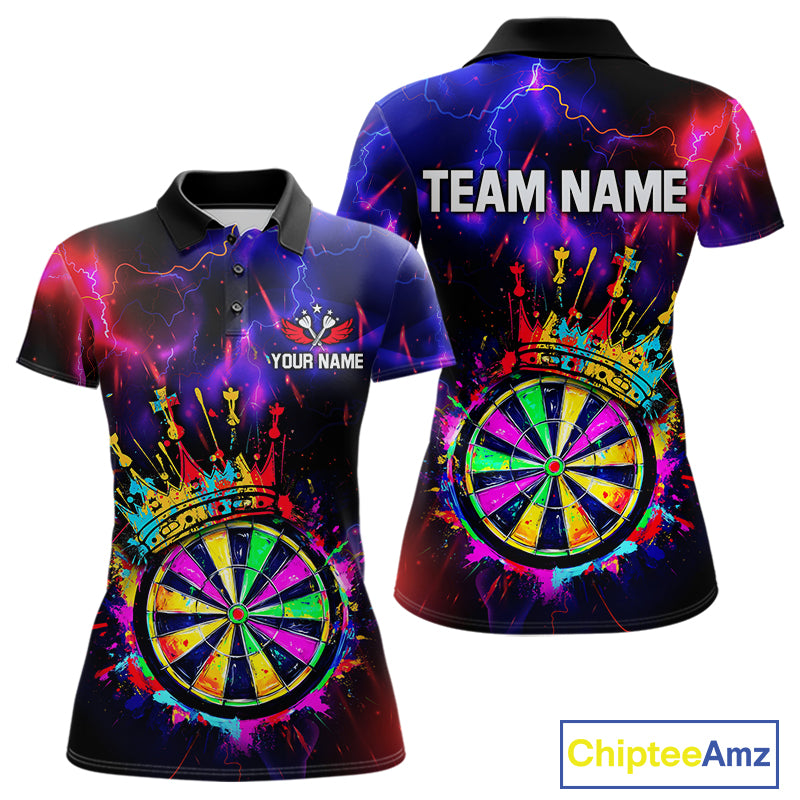 Personalized Neon Colorful Crown Darts Shirt For Women Custom Funny Darts Jersey Polo & 1/4 Zip TDM5181