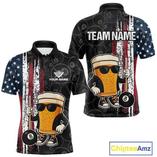 Vintage American Flag Funny Beer Billiard Shirt For Men Custom Patriotic 8 Ball Pool Team Jersey TDM5426