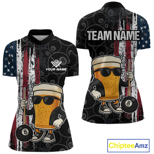 Vintage American Flag Funny Beer Billiard Shirt For Women Custom Patriotic 8 Ball Pool Team Jersey TDM5426
