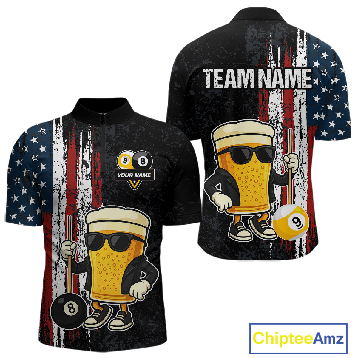 Funny Beer 8 Ball & 9 Ball American Flag Billiard Shirt For Men Custom Patriotic Pool Team Jersey TDM5427