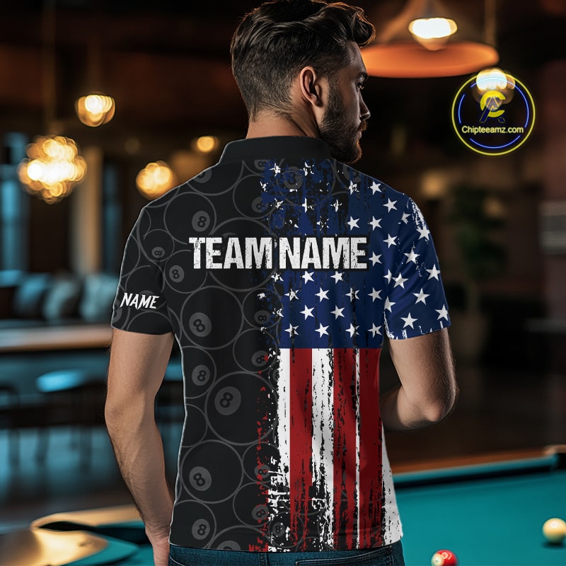Grunge American Flag 8 Ball Pool Billiard Shirt For Men Custom Patriotic Billiard Team Jersey TDM5428