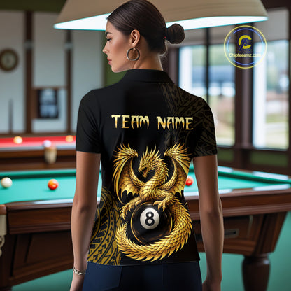 Black And Golden Custom Dragon Billiard Shirt For Women, 8 Ball Pool Team Jersey Polo & 1/4 Zip TDM6058