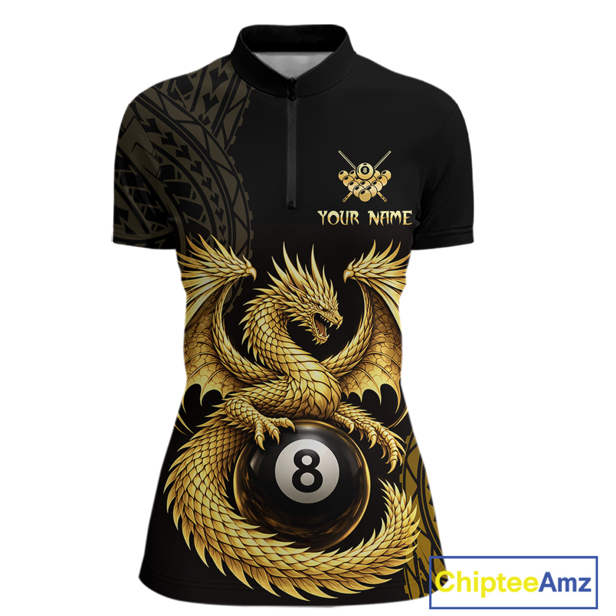 Black And Golden Custom Dragon Billiard Shirt For Women, 8 Ball Pool Team Jersey Polo & 1/4 Zip TDM6058