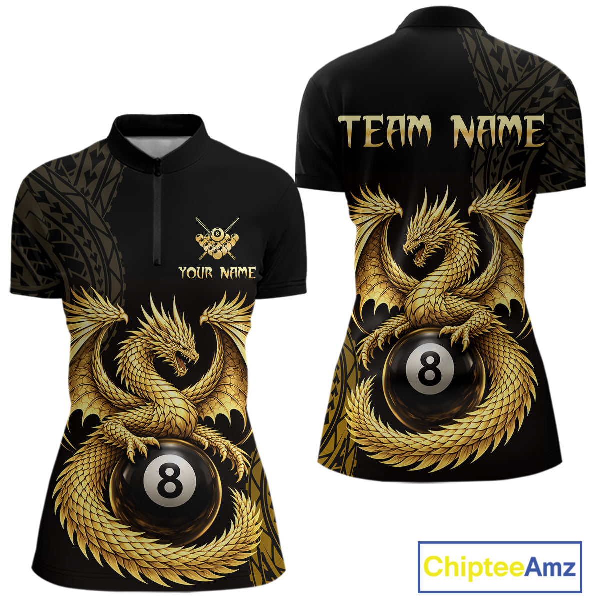 Black And Golden Custom Dragon Billiard Shirt For Women, 8 Ball Pool Team Jersey Polo & 1/4 Zip TDM6058
