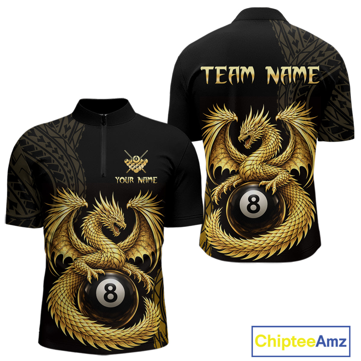 Black And Golden Custom Dragon Billiard Shirt For Men, 8 Ball Pool Team Jersey Polo & 1/4 Zip TDM6058