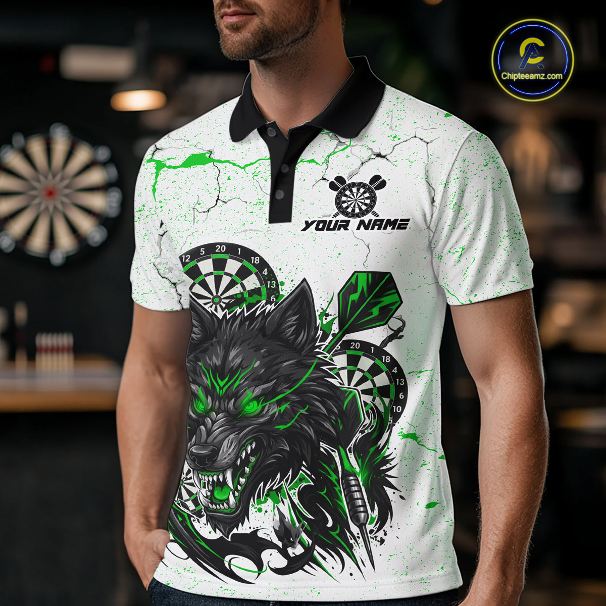White Grunge Wolf Dart Shirt & Pocket Option Custom Men's Dart Jersey|Green TDM5442