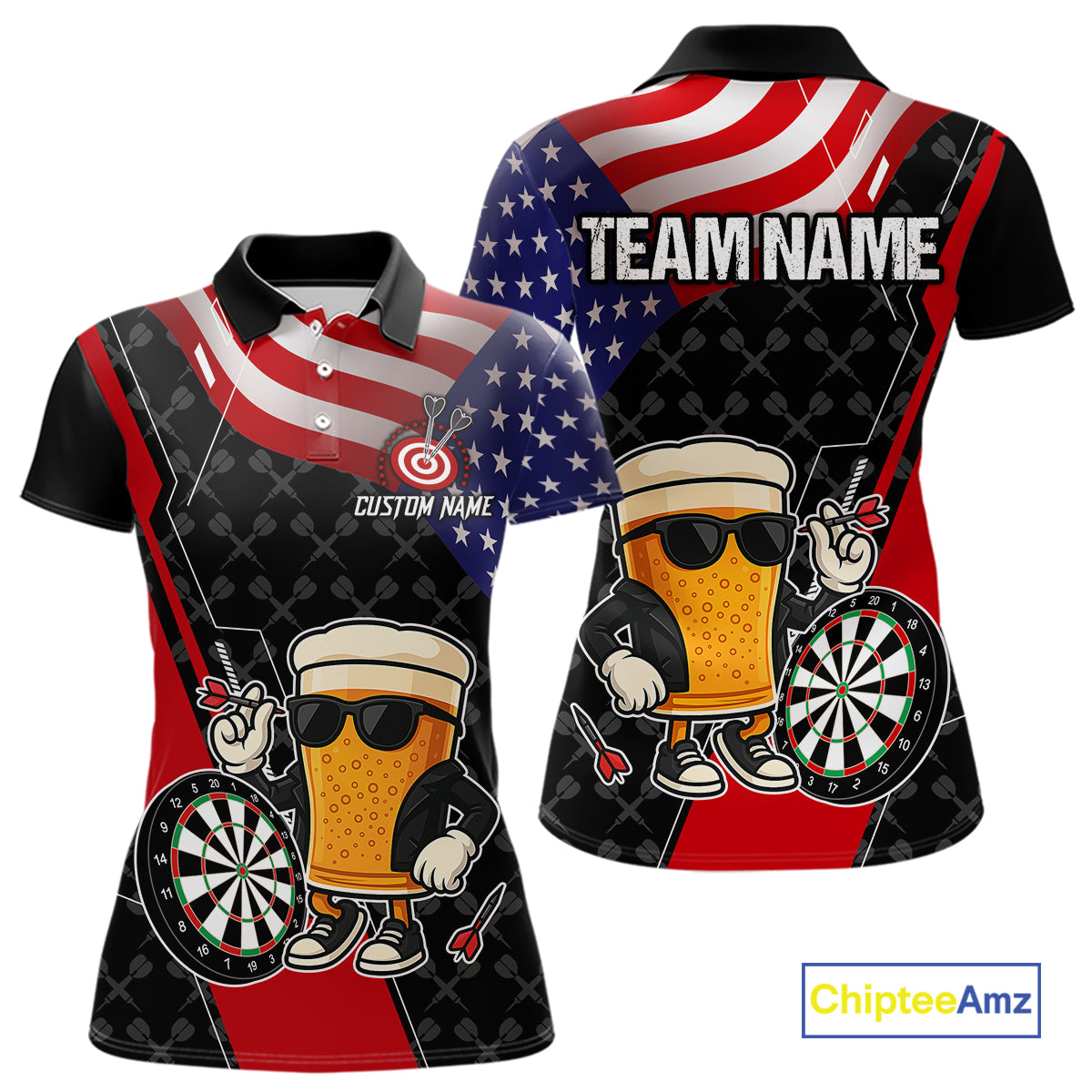 Funny Beer American Flag Darts Shirt For Women Custom Patriotic Darts Team Jersey Polo & 1/4 Zip TDM6062