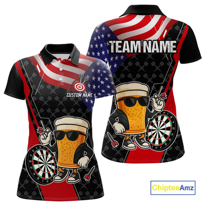 Funny Beer American Flag Darts Shirt For Women Custom Patriotic Darts Team Jersey Polo & 1/4 Zip TDM6062