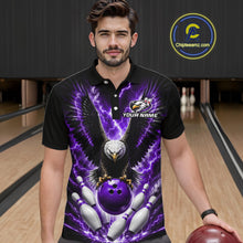 Load image into Gallery viewer, Man wearing a purple thunder lightning eagle bowling polo shirt at a bowling alley front view.
