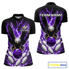 Load image into Gallery viewer, Purple thunder lightning eagle bowling quarter zip shirt for women built for tournaments and league play.