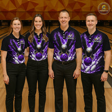 Load image into Gallery viewer, Bowling team wearing matching purple thunder lightning eagle bowling jerseys during league competition front view.