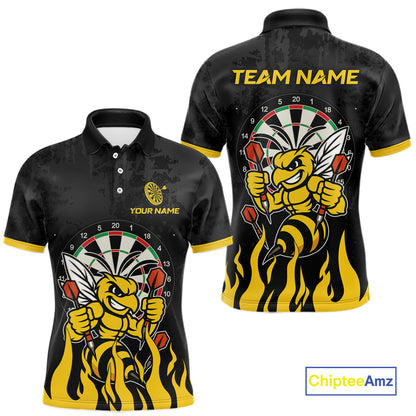 Black and yellow funny bee darts team jersey polo shirt for men featuring a funny bee design, premium custom darts league apparel and personalized darts gifts.