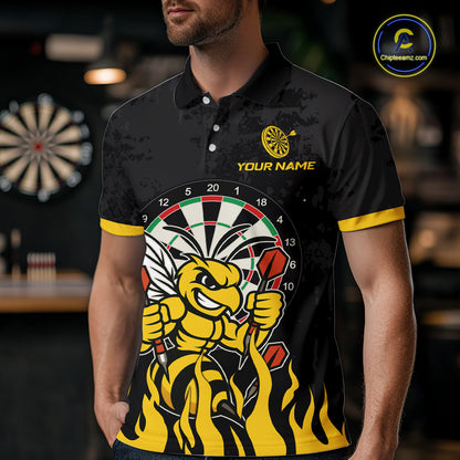 Man wearing black and yellow funny bee darts team jersey polo shirt featuring funny bee artwork, front view.