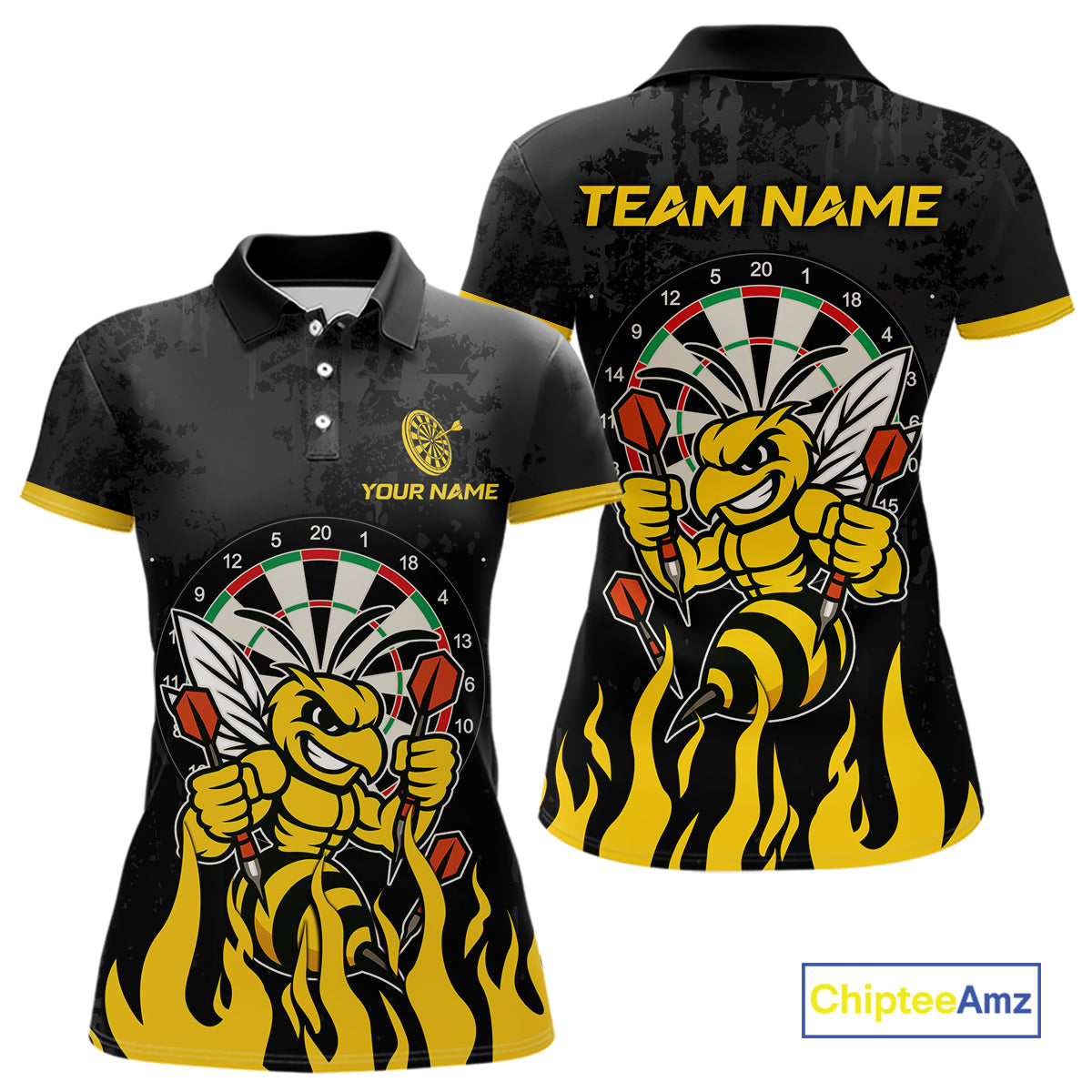 Black and yellow funny bee darts team jersey polo shirt for women featuring a funny bee design, premium custom darts league apparel and personalized darts gifts.