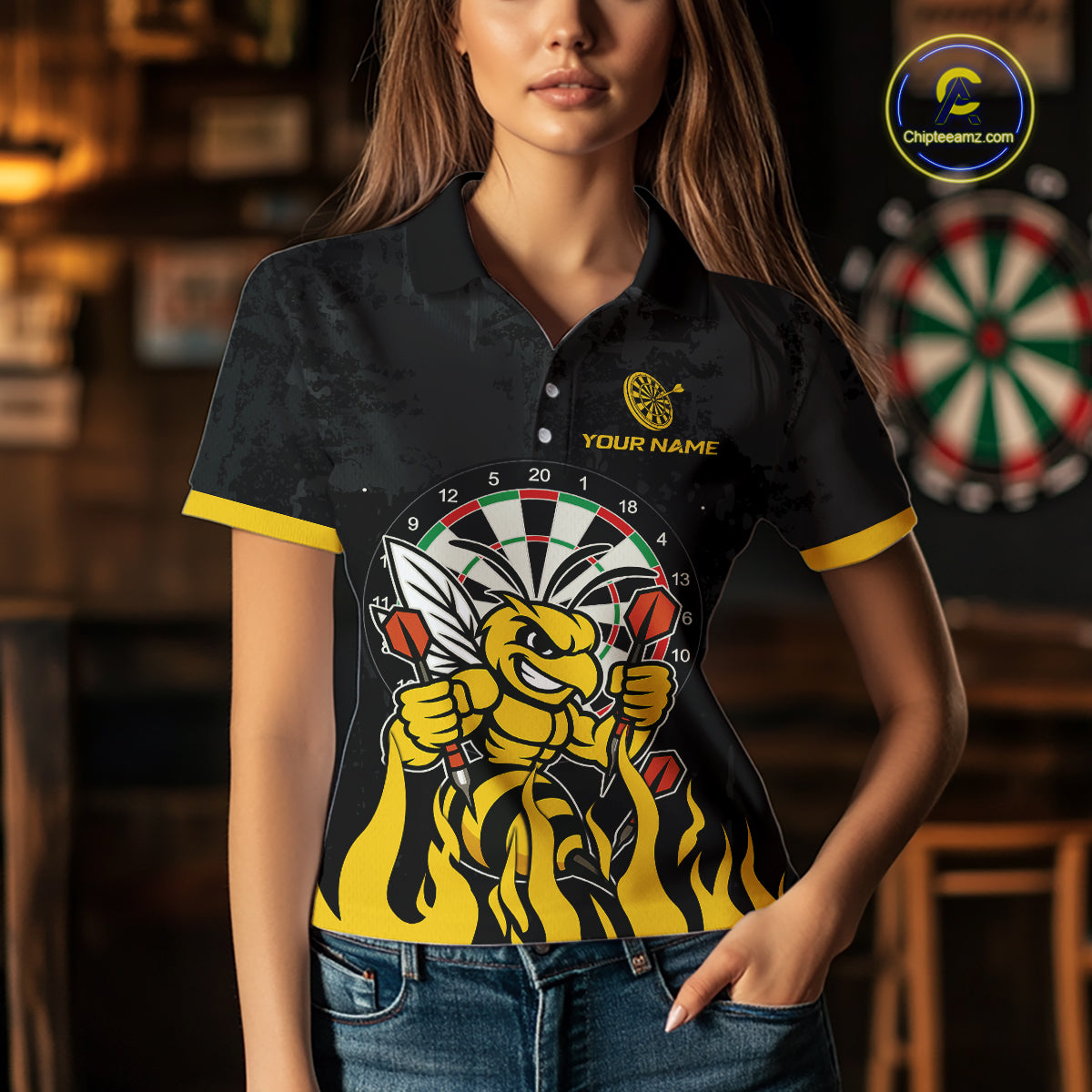 Woman wearing black and yellow funny bee darts team jersey polo shirt featuring funny bee artwork, front view.