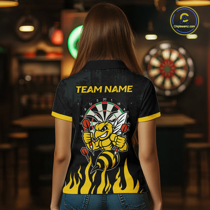 Woman wearing black and yellow funny bee darts team jersey polo shirt featuring funny bee artwork, back view.