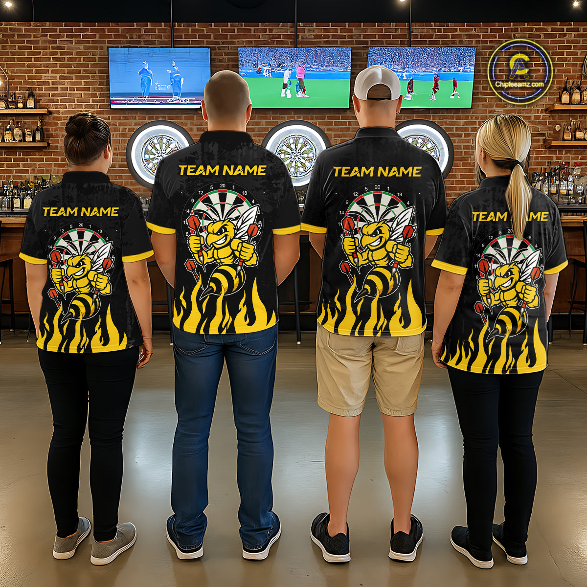 Darts team wearing matching black and yellow funny bee darts team jerseys, front view.