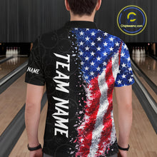Load image into Gallery viewer, Back view of man wearing an American flag bowling polo shirt inside a bowling alley.