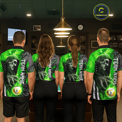 Back View of a Pool Team Wearing Personalized Green Flame Grim Reaper US Flag 8 Ball 9 Ball Jerseys
