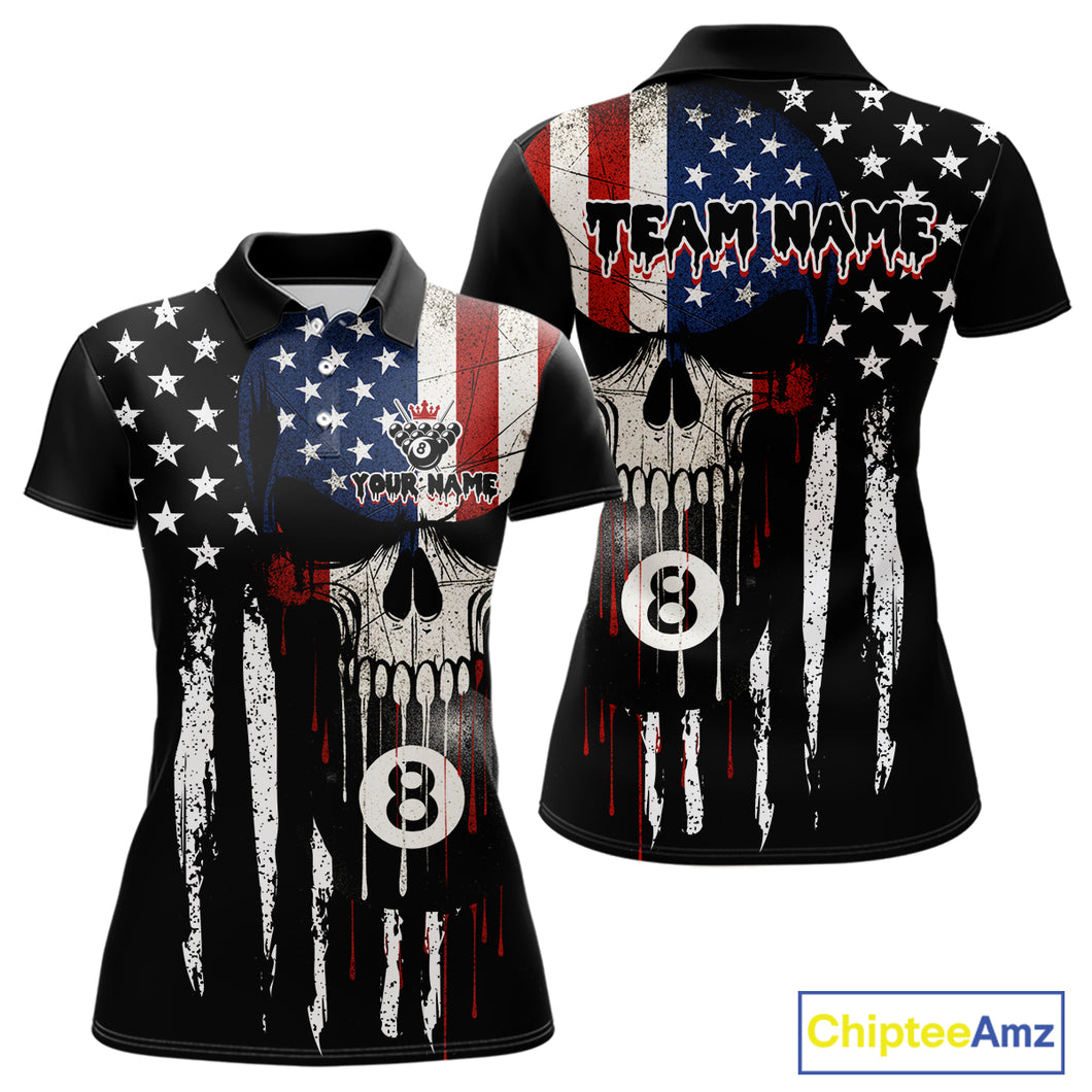 Grunge American Flag Skull 8 Ball Billiard Shirt For Women Custom Patriotic Pool Team Jersey TDM5042