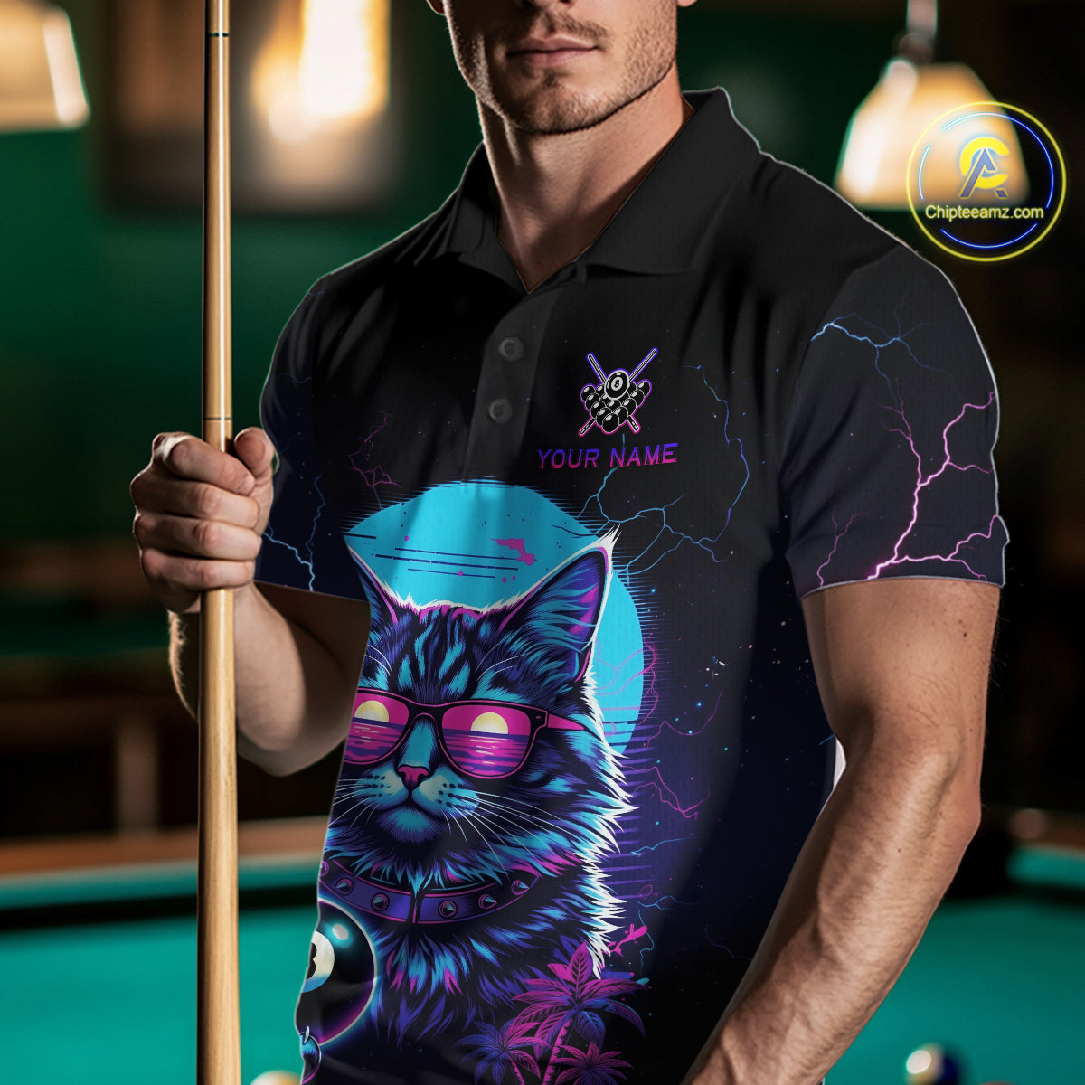 Funny Cat Neon 8 Ball Billiard Shirt For Men Custom Pool Team Shirt, Billiard Jersey Polo & 1/4 Zip TDM5512