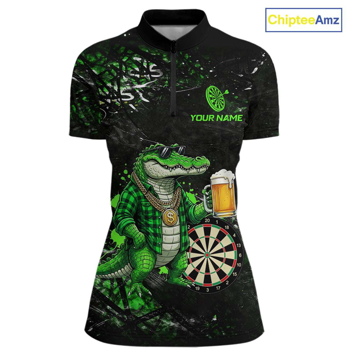 Green Grunge Funny Alligator Darts Shirt For Women Custom Darts Jersey Polo & 1/4 Zip, Darts Gifts TDM6373