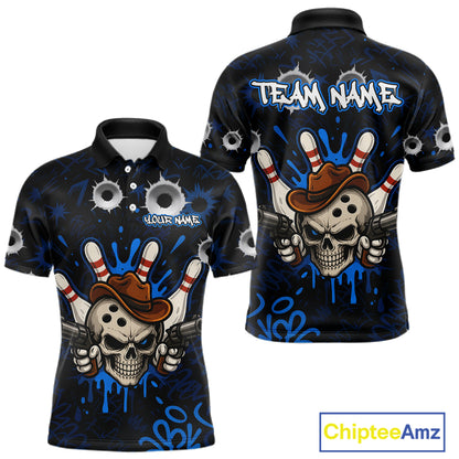 Black and blue funny cowboy skull bowling team jersey polo shirt for men featuring a cowboy skull bowling design, premium custom bowling league apparel for tournaments and team play.