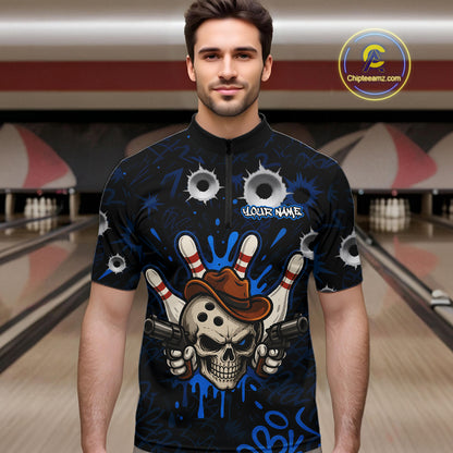 Man wearing black and blue funny cowboy skull bowling team jersey quarter zip shirt featuring cowboy skull artwork, front view.