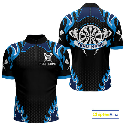Black And Blue Flaming Darts Jersey Polo & Quarter Zip Custom Darts Team Shirt For Men TDM6146