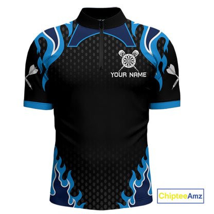 Black And Blue Flaming Darts Jersey Polo & Quarter Zip Custom Darts Team Shirt For Men TDM6146