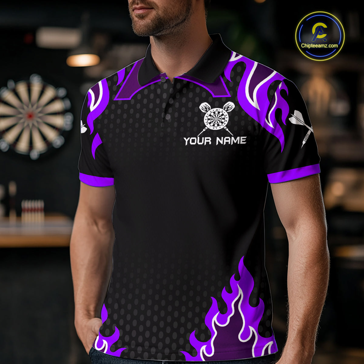 Black And Purple Flaming Darts Jersey Polo & Quarter Zip Custom Darts Team Shirt For Men TDM6147
