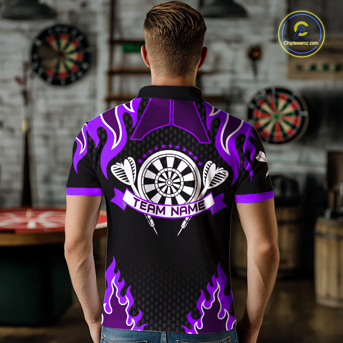 Black And Purple Flaming Darts Jersey Polo & Quarter Zip Custom Darts Team Shirt For Men TDM6147