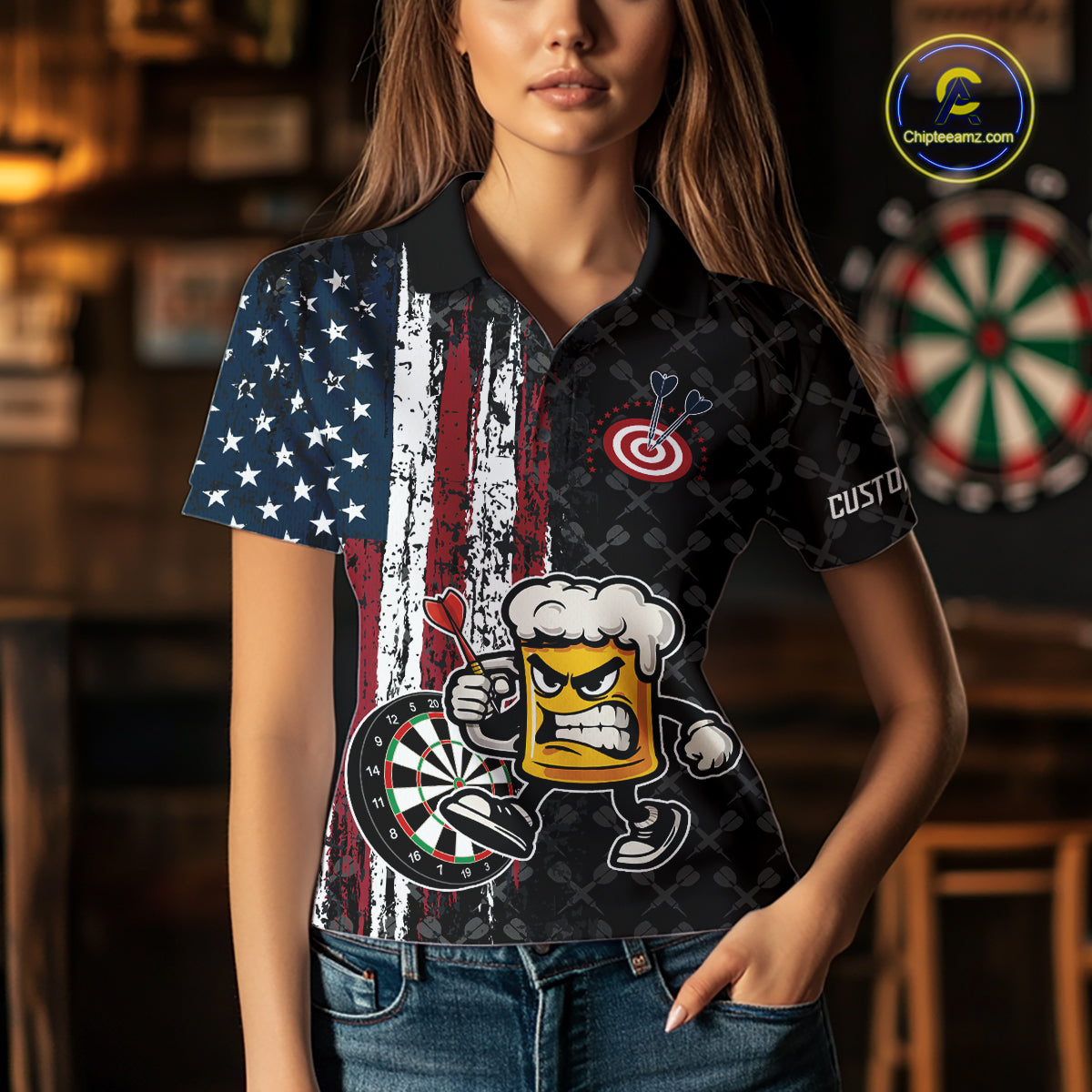 Funny Angry Beer Grunge American Flag Darts Shirt For Women Custom Patriotic Darts Team Jersey TDM5563