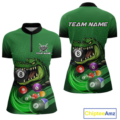 Green quarter zip shirt with an alligator and billiard ball design, featuring customizable "Your Name" and "Team Name" text for a personalized look.