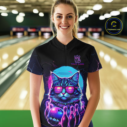 Funny Cat Retro Neon Bowling Shirt For Women Custom Bowling Team Jersey Polo & Quarter Zip TDM5817
