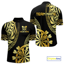 Load image into Gallery viewer, Black and gold tribal darts quarter zip shirt for men with custom player name and team name.