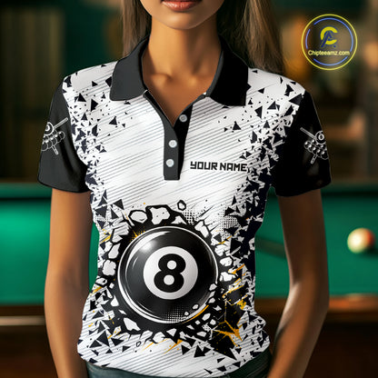 Woman wearing a funny crack 8 ball billiard jersey front view, custom pool team shirt.