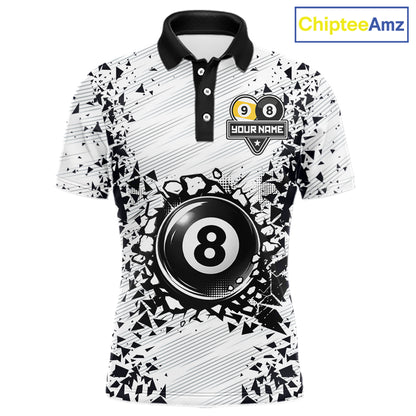 Funny crack 8 ball and 9 ball pool team polo shirt for men with cracked billiard ball graphics.