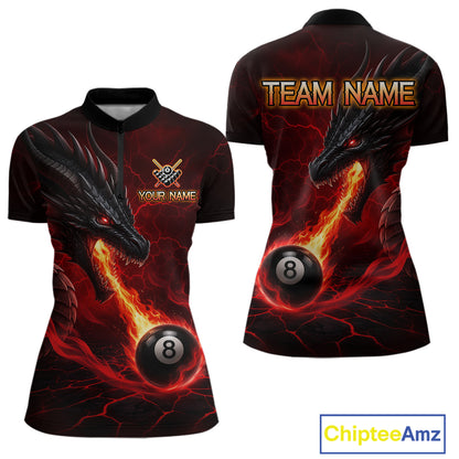 Custom dragon 8 ball pool fire quarter zip billiard shirt for women, red pool team jersey uniform.