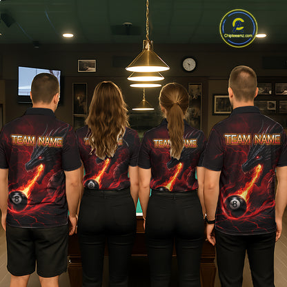 Back view of pool team wearing matching red dragon 8 ball pool fire billiard shirts.