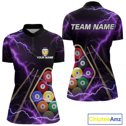 Purple 9 Ball Thunder Lightning Billiard Shirts For Women Custom Pool Team Jersey Polo & 1/4 Zip TDM5979
