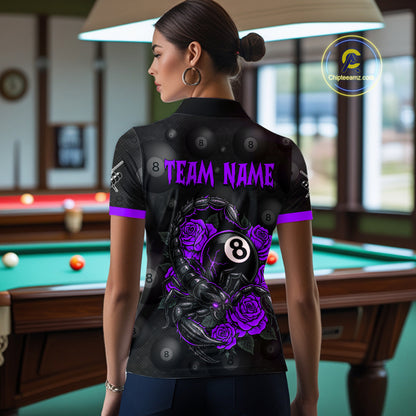Black Purple 8 Ball Scorpion Roses Billiard Shirt For Women Custom Pool Team Shirt, Billiard Jersey TDM5347