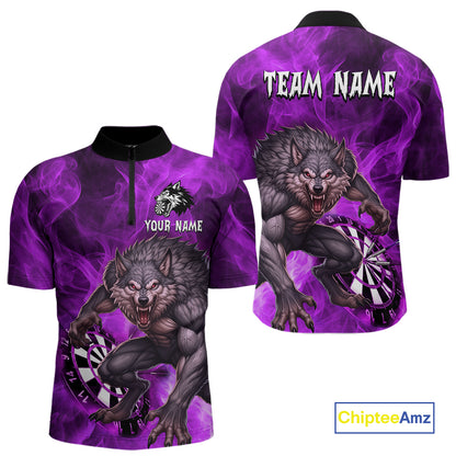 Purple Flaming Wolf Darts Shirt For Men Custom Darts League Jersey Team Polo & Quarter Zip TDM5358