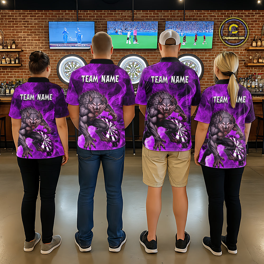 Purple Flaming Wolf Darts Shirt For Men Custom Darts League Jersey Team Polo & Quarter Zip TDM5358